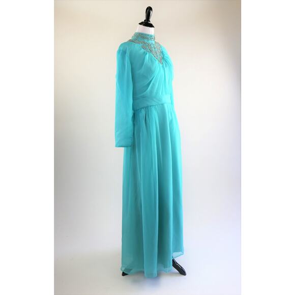 Vintage 1970s Blue Chiffon Maxi Dress with Ornately Beaded Neckline Medium - Picture 6 of 10